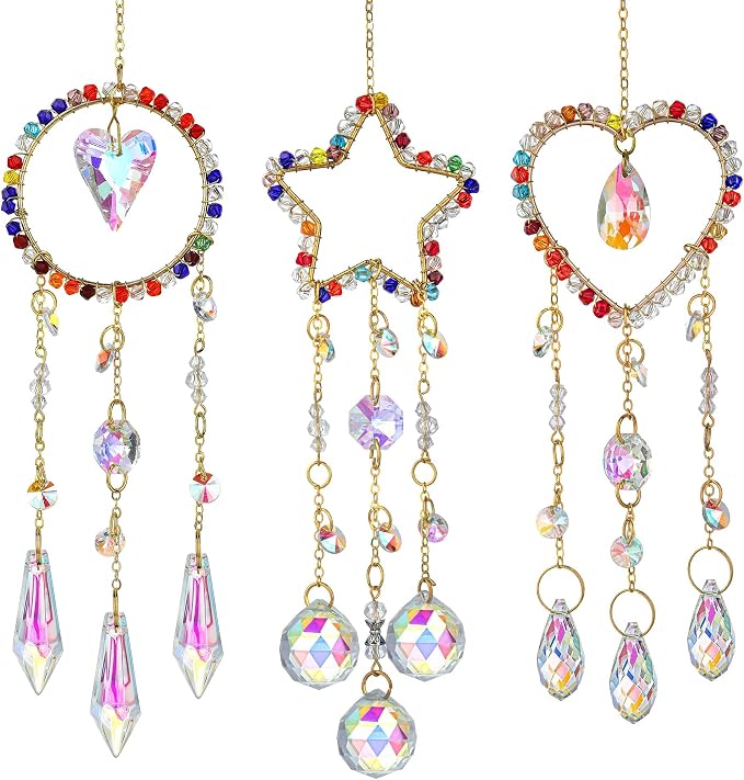 3 Pcs Crystal Suncatcher Rainbow Maker Star Heart Moon Window Decor | Star Heart Moon Crystal Suncatcher Rainbow Prism Pendant Hanging for Window Indoor Garden Car Home Display Decor