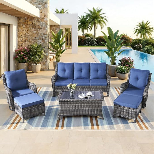 6 Piece High Back Patio Furniture Set - All Weather Patio Conversation Set with 4 Inch Thick Cushions and Deep Seating Swivel Glider Chairs & Outdoor Couch for Porch Deck Yard Pool