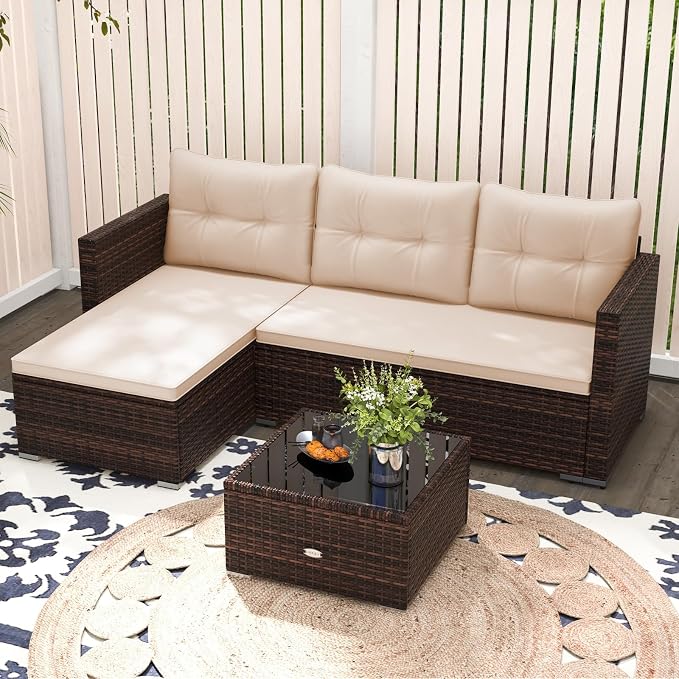 RELAX4LIFE Wicker Patio Furniture Set - PE Rattan L-Shaped Sectional Sofa Seating w/Soft Cushions, Tempered Glass Coffee Table, Outdoor Conversation Couch Set for Backyard Garden Porch Balcony