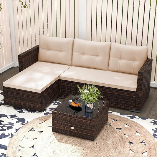 RELAX4LIFE Wicker Patio Furniture Set - PE Rattan L-Shaped Sectional Sofa Seating w/Soft Cushions, Tempered Glass Coffee Table, Outdoor Conversation Couch Set for Backyard Garden Porch Balcony