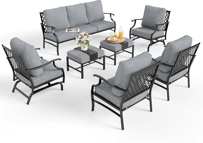 MIXPATIO Patio Furniture Set 7 pcs, Outdoor Patio Furniture, 3-Seat Sofa, 2 Single Chairs, 2 Rocking Chairs, 2 Ottomans and 5.75" Extra Thick Cushion, Patio Conversation Set for Backyard Deck,Grey