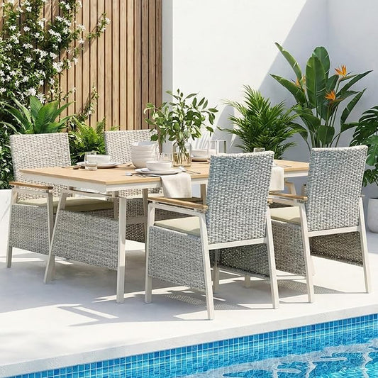 Outdoor Dining Table Set for 4, Rattan Patio Dining Sets with Waterproof Cushions, 5 Piece Patio Table and Chairs Set, Rectangular Dining Table and Patio Chairs for Porch/Deck/Yard, Green