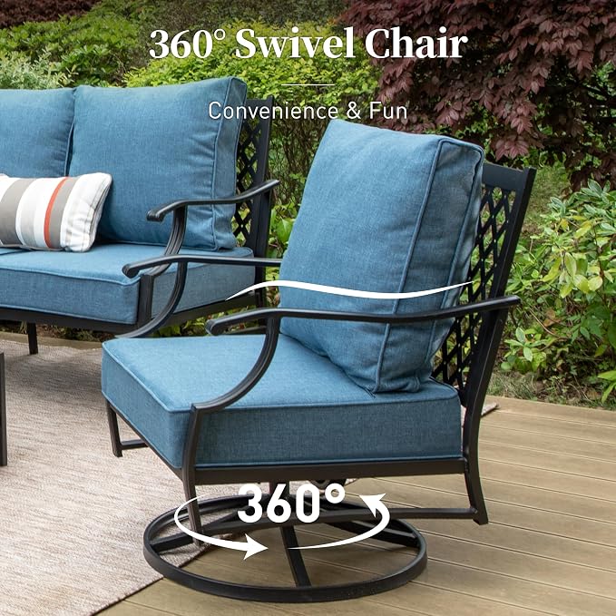 SUNSHINE VALLEY 4 Piece Metal Outdoor Patio Furniture Set, Patio Conversation Sets 1 3-seater Sofa, 2 Swivel Chair with 5.75" Extra Thick Cushion and Coffee Table, Black Frame Backyard Furniture, Navy