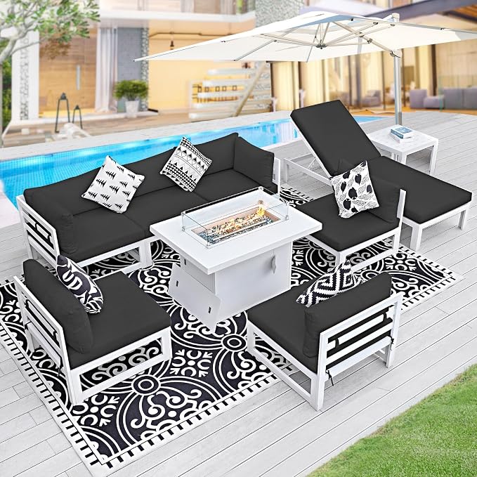 BULEXYARD 7 Seat Large Aluminum Patio Conversation Set with Lounge & Fire Pit Table, 29" Deep Wide Seat, High End Modular Sectional Seating, 500 lbs Heavy Duty Anti-Rust Outdoor Sofa for Pool, Black
