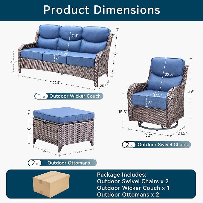 Luxury 5 Piece Patio Furniture Set-All Weather Outdoor Swivel Rocker Chairs with 6" Thick Cushions Multifunctional Ottoman Rattan Patio Conversation Sets for Porch Deck Garden Backyard(Brown/Blue)