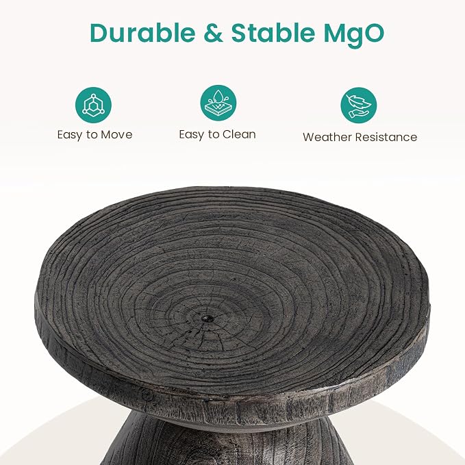 SUNBURY Outdoor Side Table, 14" Small Outdoor End Table, Patio Side Tables w Tree Ring, Round Concrete Side Tables, Garden Stool Plant Stand for Front Porch, Pool (Grey)