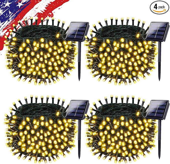 KAQ 4pack 400LED Solar String Lights Outdoor Waterproof Warm White | Total 132FT Flexible Wire With Bright LEDs, 8 Twinkle Modes with Memory, Auto On/Off Easily Decorates Trees, Fences, Garden