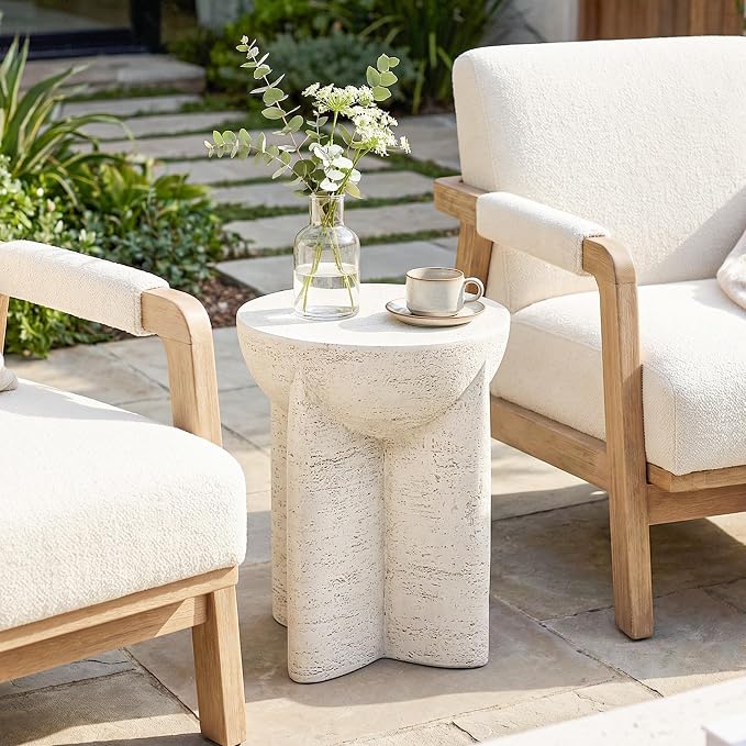 COSIEST Outdoor Side Table White, MgO Concrete Side Table, Lightweight Outdoor Accent Table with Faux Natural Slate Rock, Cylinder Patio Table Top Plant Stand for Garden and Deck