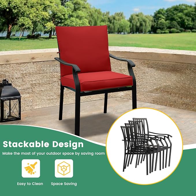 LVUYOYO 5-Piece Outdoor Patio Dining Set, Metal Stackable Chairs & Square Table Set, All-Weather Furniture for Backyard, Garden,Balcony,Porch (Red)