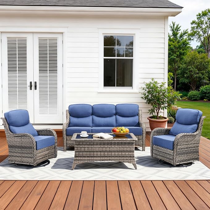Luxury High Back Patio Furniture Set with 6-Inch Thick Cushions, 4-Pieces Outdoor Furniture with Swivel Chairs, Wicker Conversation Set for Porch, Balcony, Deck and Yard, Grey/Blue