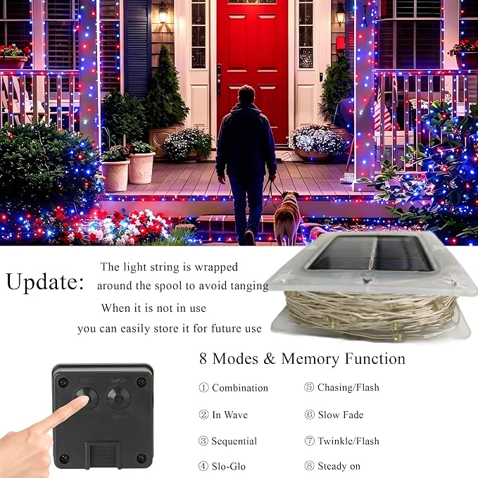 Joomer Red White Blue Solar Fairy Lights, 2 Pack 39FT 120LED String Light | 4th of July Memorial Day Decor, 8 Lighting Modes with Memory, Waterproof Outdoor Patriotic Lights for Independence Day Decor