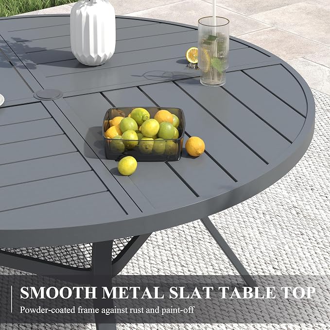 VICLLAX 50" Round Patio Table with Umbrella Hole, All Weather Metal Outdoor Dining Table for 6, Outside Table with Storage Shelf for Lawn Garden, Grey