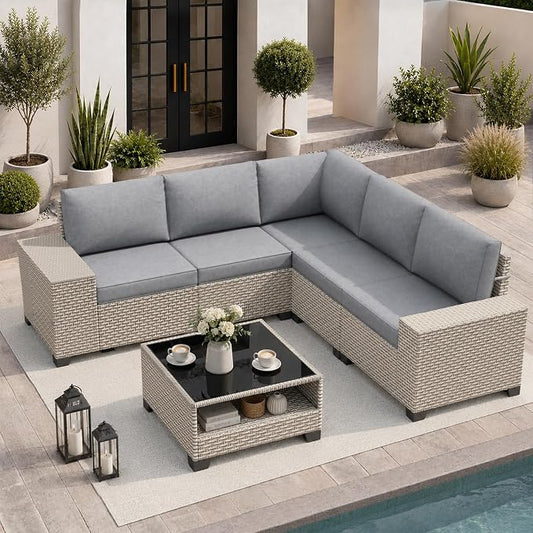 6-Piece Outdoor Patio Furniture Set, Modular Sectional Sofa Set with Glass Coffee Table and Cushions, Wicker Outdoor Couch Conversation Sets, Gray
