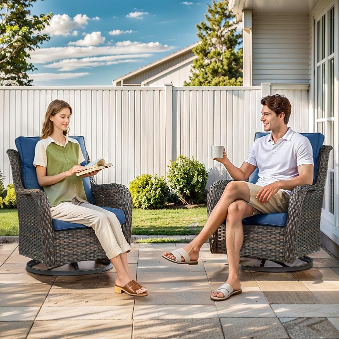 Outdoor Swivel Rocker Patio Chairs with 2 Ottomans - 5" Thick Cushion 5 Piece Furniture Set All Weather Wicker Conversation Set with Side Table for Porch Poolside and Deck - Brown/Blue