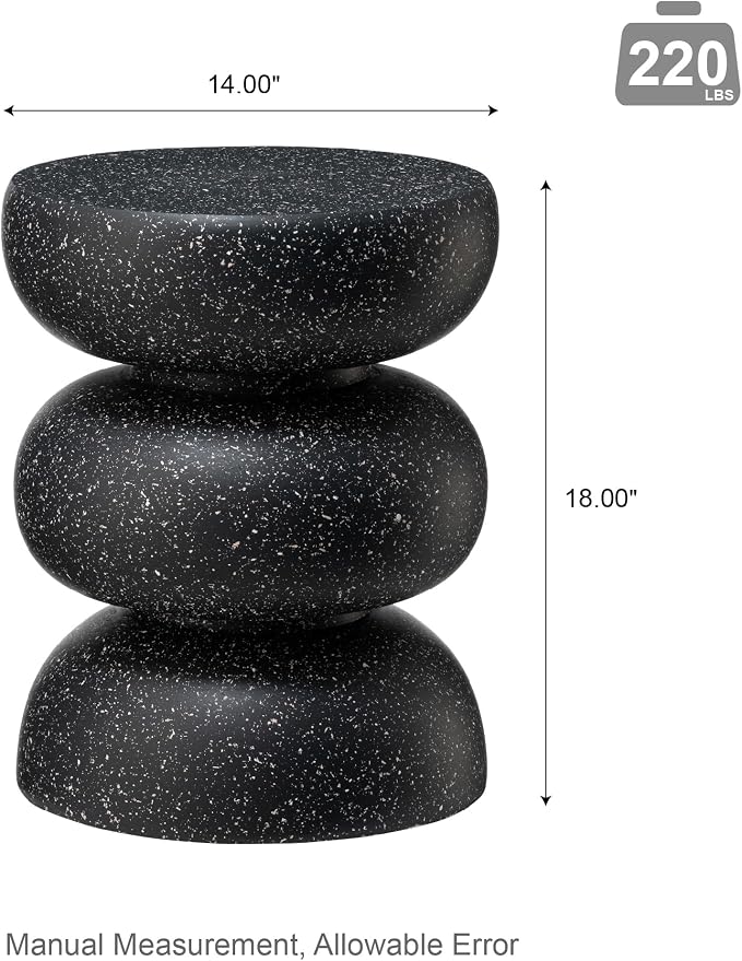 Glitzhome Outdoor Side Table, Round Small End Table with Black Geometric Terrazzo Finish MGO Hourglass Garden Stool, Set of 2 Decorative Accent Table for Living Room Planter Stand Backyard Patio Porch