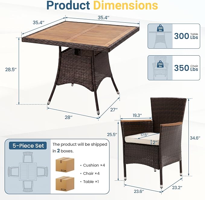 Wisteria Lane 5-Pieces Patio Dining Sets, Rattan Outdoor Table and Chairs with Acacia Wood Tabletop, Metal Patio Dining Furniture for 4 with Removable Cushions for Garden Backyard Deck, Brown