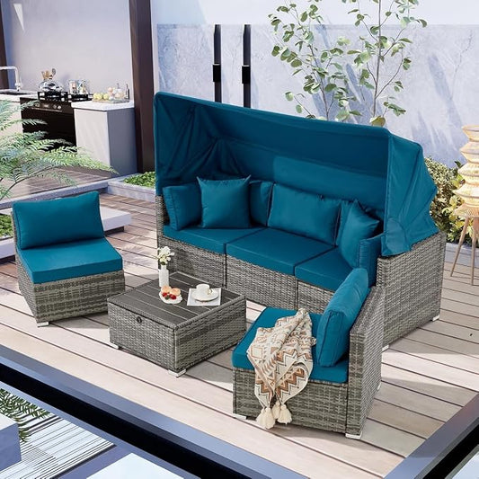 6-Piece Outdoor Patio Furniture Set with Retractable Canopy, Grey Rattan Sectional Sofa with Adjustable Backrest, Conversation Set for Garden Deck Backyard Lounge Area(Green)