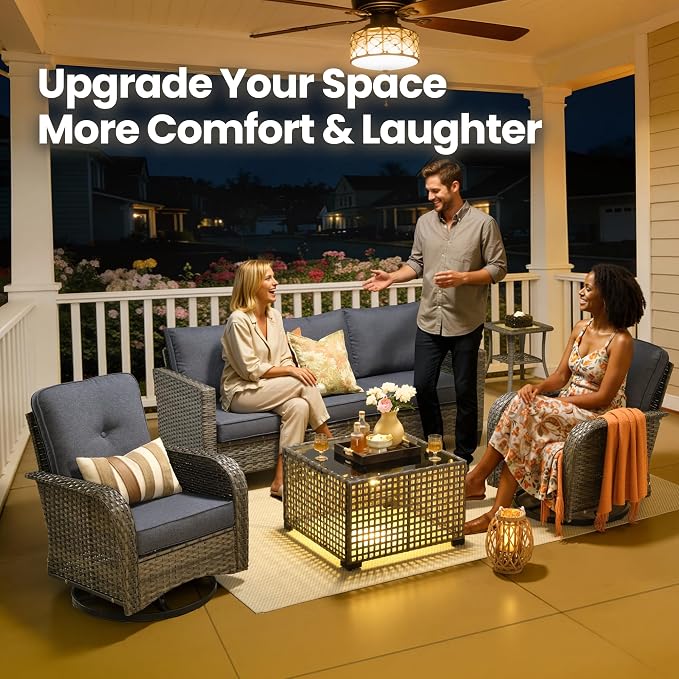 5 Piece Wicker Patio Furniture with Swivel Rocker Chair,Denim Blue | High Back Swivel Rocker Chairs, All Weather Rattan Outdoor Sofa, Solar Lights Table, Modern Conversation Sets, Deck Backyard