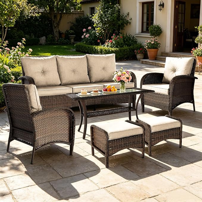 All Weather Patio Furniture Set, High Back Swivel Rocker Glider Chairs，Ottomans & Glass Tables, Outdoor Conversation Set for Deck Porch Yard Poolside (Brown, 7PCS-Sofa&Chairs&Ottomans&Table)