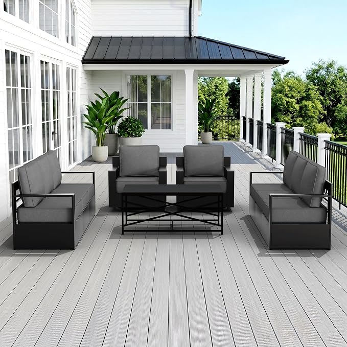 Outdoor Patio Furniture Set, 5-Piece Aluminum Patio Conversation Set All-Weather Metal Outdoor Sectional with 6 Inch Thick Cushions, Deep Setting for Garden, Outside and Porch, Grey