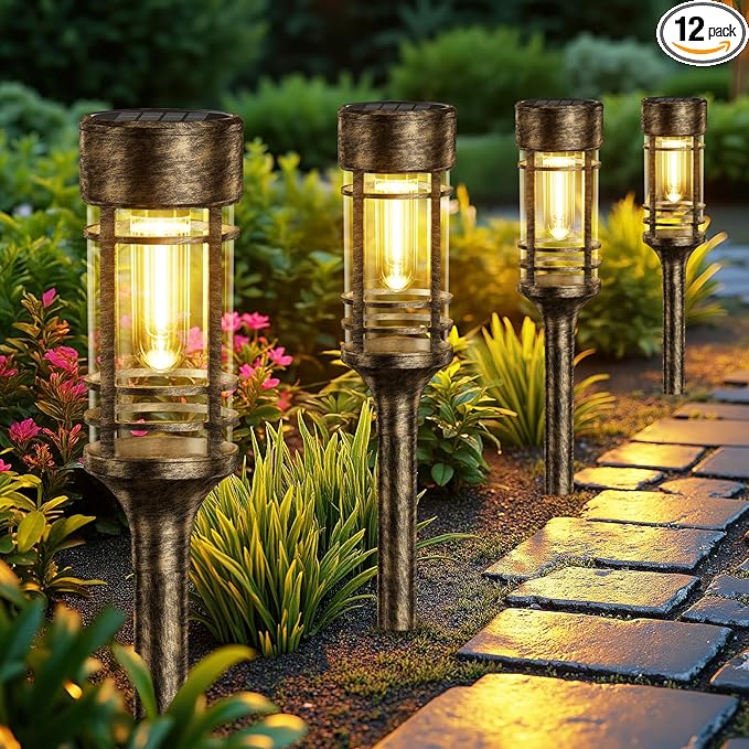 LETMY 12 Pack Brown Solar Pathway Lights Outdoor, Bright Solar Lights Outdoor Waterproof IP65, Solar Garden Lights Outdoor for Yard Walkway Driveway Landscape Garden Decor (Bronze)