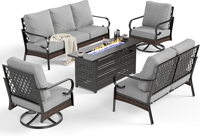 SUNSHINE VALLEY 5 Piece Metal Outdoor Patio Furniture Sets with Firepit Table, Patio Conversation Sets 1 3-Seater Sofa, 1 2-Seater Loveseat, 2 Swivel Chair with 5.75" Cushion for Backyard, Light Gray