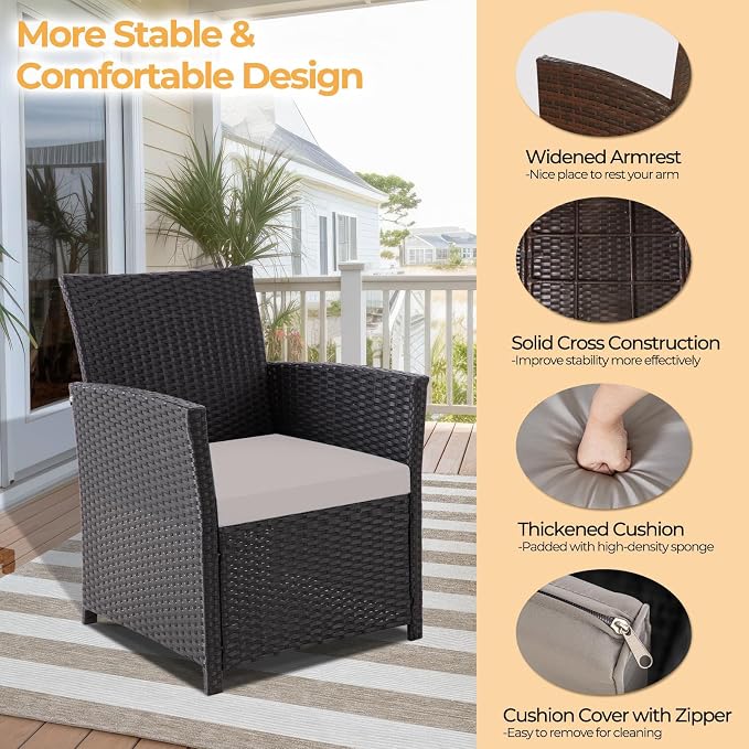 FHFO 4 Piece Outdoor Wicker Patio Furniture Set, Black/Light Grey | Sectional Sofa | All-Weather Hand-Woven Rattan | Tempered Glass Coffee Table | Durable Fabric | Indoor & Outdoor Use