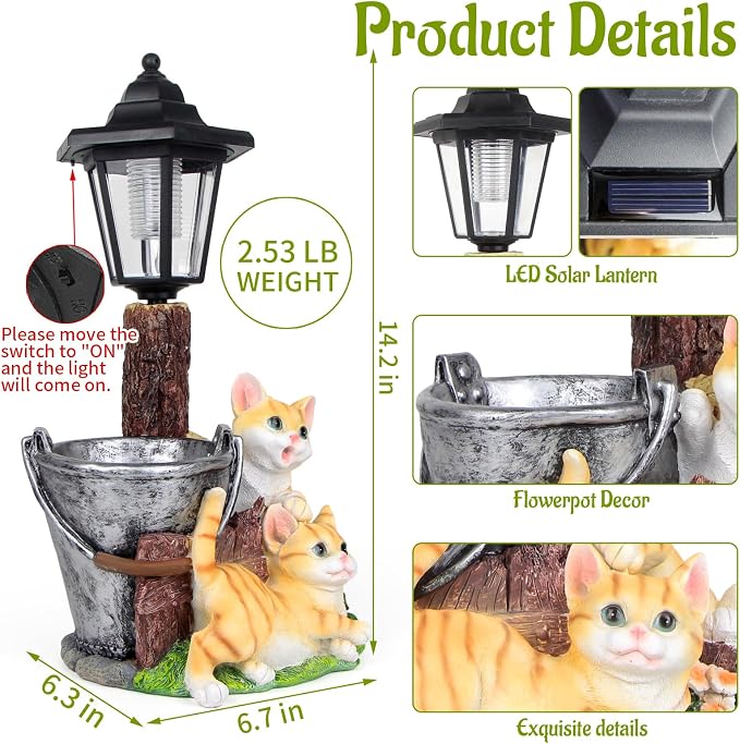 Solar Cat Outdoor Statues, Garden Sculptures with Flowerpot & Lantern | Cute Cat Figurines for Yard Art Lawn Ornaments Porch Patio Balcony - Idea Gifts for Women Mom Grandma