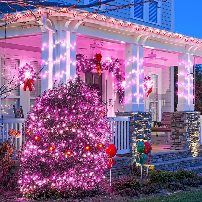 Pink Christmas Lights Outdoor, 66FT 200 LED Christmas Tree Lights | Waterproof 8 Modes Connectable String Lights for Outside Indoor Bedroom Home Patio Yard Party Holiday Decorations