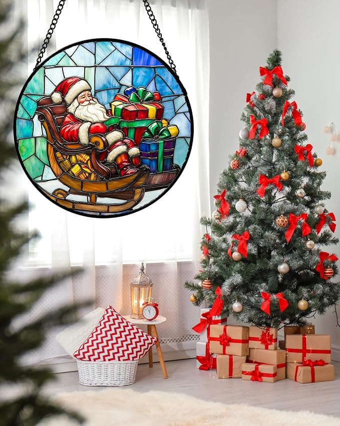 DASTOLL Stained Glass Window Hanging - Santa Claus Gift BoxSuncatcher for Doors Home Christmas Decoration Winter Sun Catcher Thanksgiving New Year Birthday Gift for Women Men Mom Nana 11.8 in
