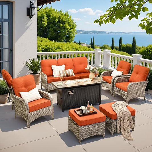 8-Piece Outdoor Patio Furniture Set with Fire Pit Table,All Weather Wicker Rattan Patio Seating Sofa and Chair Set with Ottomans,Outdoor Conversation Sets w/ 3 Seater Couch for Porch Deck Yard,Red