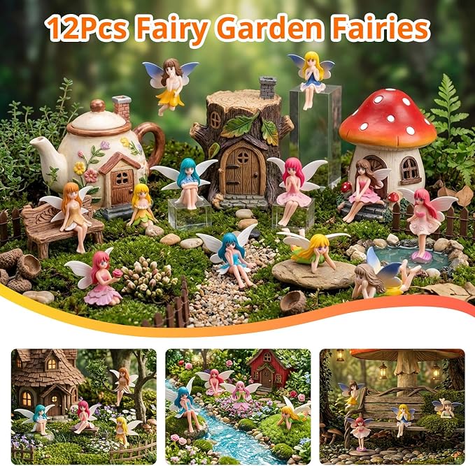 12 Pcs Miniature Fairy Figurines, Fairy Garden Fairies | Hand-Painted Small Flower Fairies with Wings for Garden Decor Miniature Garden Ornaments Landscape Decorations Cake Topper