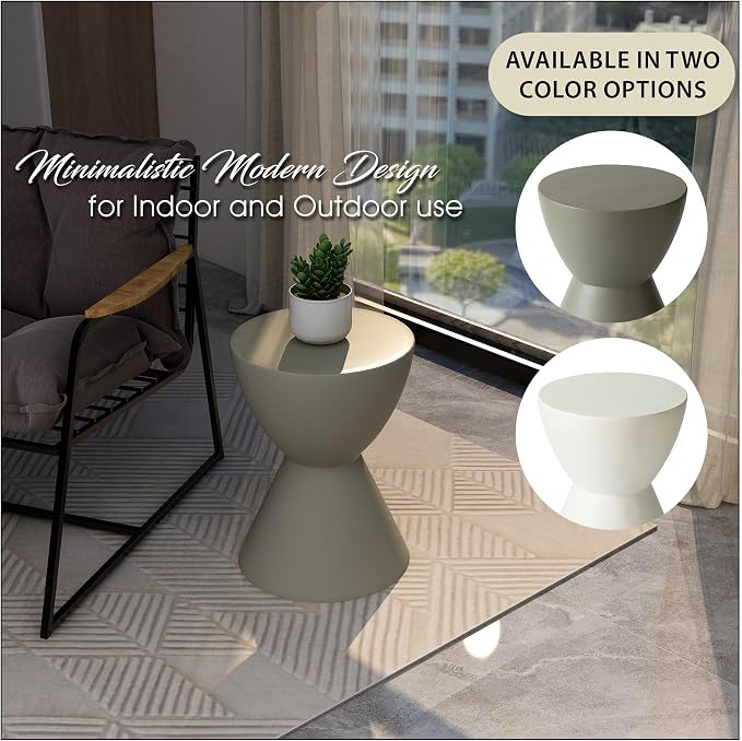 LeisureMod Loft Series Moss Grey Fiberstone Side Table - Modern Hourglass Round Pedestal - 18-inch Weather-Resistant Accent for Outdoor Patio and Indoor Living Room Decor