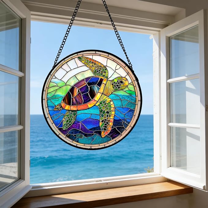 DASTOLL Stained Glass Window Hanging, Colored Turtle Ocean Suncatcher Diamond Glass Panel Hangings Marine Life Sun Catchers Decor for Birthday for Women, Men, Wife, Aunt, Mom 11.8 in