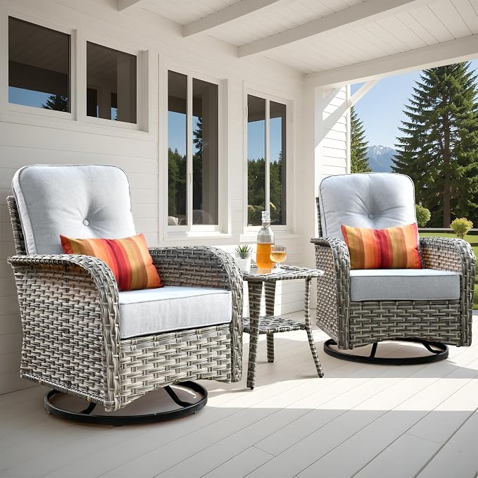 Outdoor Swivel Rocker Patio Chairs,Wicker Glider Swivel Rocking Chair Set of 2,Patio Rocking Swivel Chair Set with Rattan Side Table for Pool Deck Porch Balcony,Light Gray