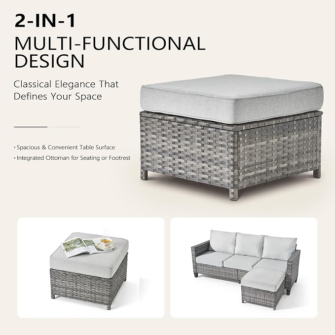CAODOC 7-Piece Outdoor Wicker Patio Set with 7 Seats, Including 43" Fire Pit - Swivel Rocker Chairs and Conversation Set for Backyard or Lawn, Gray Rattan with Waterproof Gray Cushions