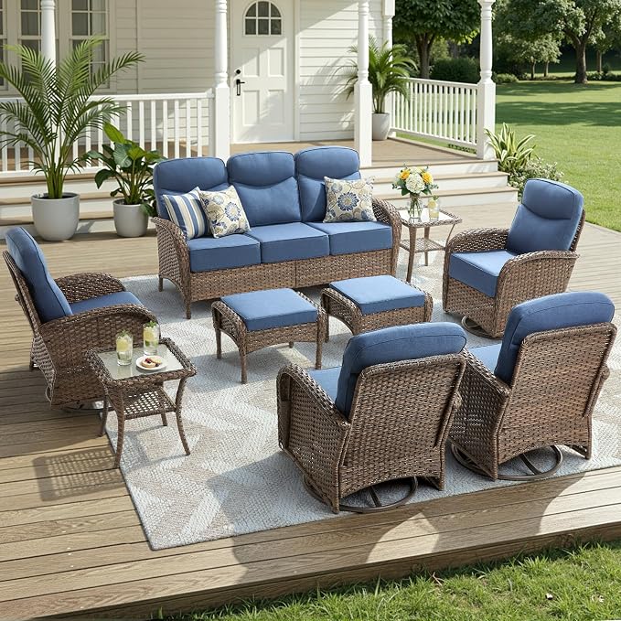 Luxury Outdoor Patio Furniture Set with 6-Inch Thick Cushions, 9 Pieces Wicker Outdoor Furniture with High Back Swivel Patio Chairs Set of 4, Outdoor Patio Conversation Set for Deck Garden, Blue