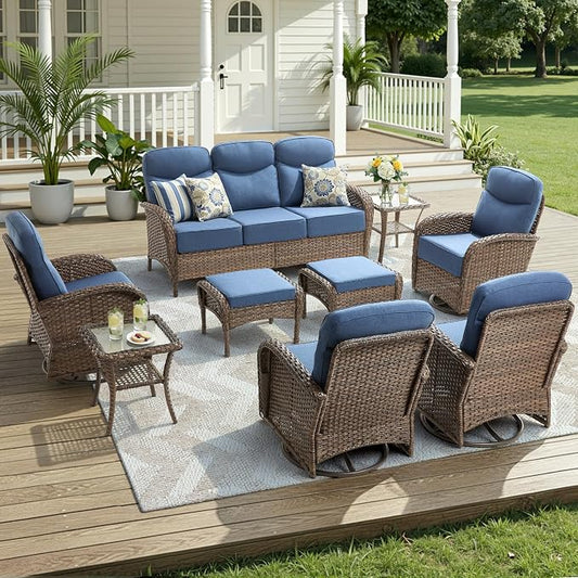 Luxury Outdoor Patio Furniture Set with 6-Inch Thick Cushions, 9 Pieces Wicker Outdoor Furniture with High Back Swivel Patio Chairs Set of 4, Outdoor Patio Conversation Set for Deck Garden, Blue