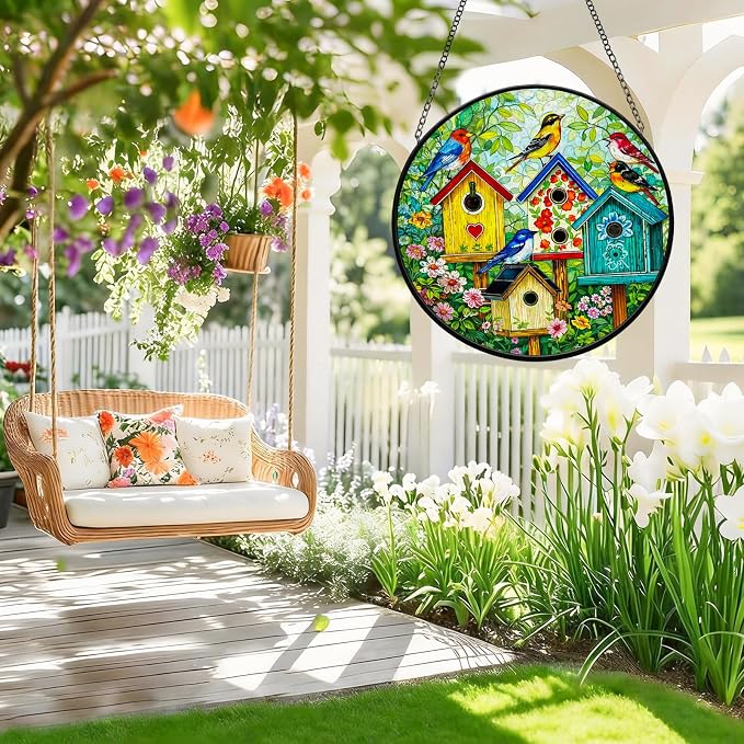 Stained Glass Window Hanging - 7.8 Inch Colorful Birdhouse Sun Catcher, Suncatcher Windows Hanging Wall Decor, Birthday Gifts for Bird Lovers, Women, Mom, Wife, Grandma and Family