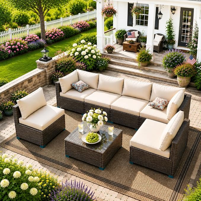7 Piece Outdoor Sectional Outdoor Patio Furniture Set, Outdoor Patio Furniture Set with Coffee Table, Sectional Couch Sofa with Cushions, Wicker Outdoor Conversation Set for Backyard & Garden, Brown