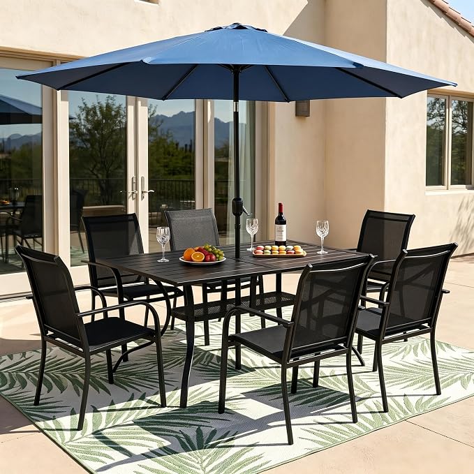 Crownland 7 Piece Patio Dining Set, Textilene Dining Sets, 6 Textilene Metal Chairs and Rectangular Outdoor Dining Table with Dark Blue 9FT Round Outdoor Umbrella (Black)