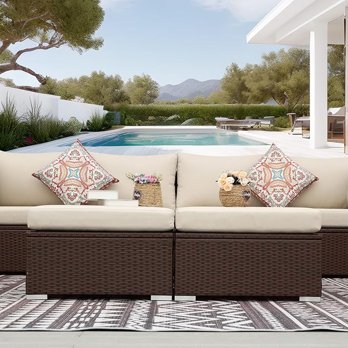 NICESOUL 8 Seat 29.3'' High Back Outdoor Furniture Set, Extra Large Rattan Patio Conversation Sets, Deep Seating Modular Sectional with Ottoman, Oversized Conversations for Backyard, Brown and Beige