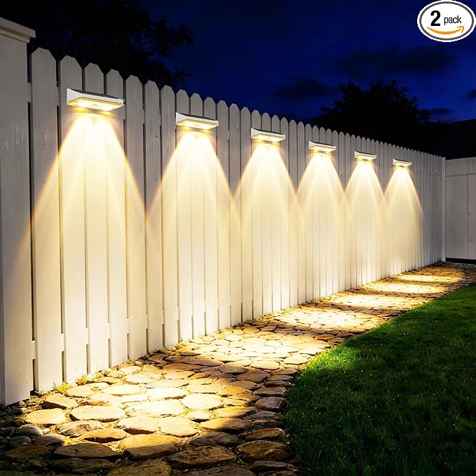 Solar Fence Lights Outdoor, 2 Pack Fence Lights Solar Powered | 85LM Solar Fence Lights, 9 RGB Color Modes, IP65 Waterproof, 12H Dusk to Dawn Glow for Pool/Deck/Patio/Wall/Backyard - White