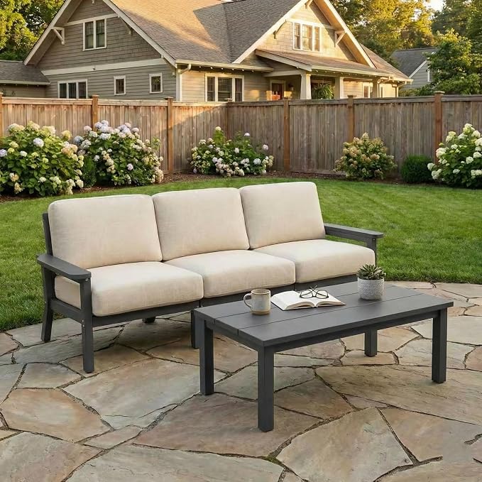 Kingdura HDPE Patio Furniture Set, 4 Piece Outdoor Sectional Sofa with Coffee Table, All Weather Outdoor Couch Conversation Set with Washable Cushions for Backyard Poolside Balcony