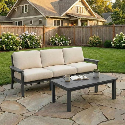 Kingdura HDPE Patio Furniture Set, 4 Piece Outdoor Sectional Sofa with Coffee Table, All Weather Outdoor Couch Conversation Set with Washable Cushions for Backyard Poolside Balcony