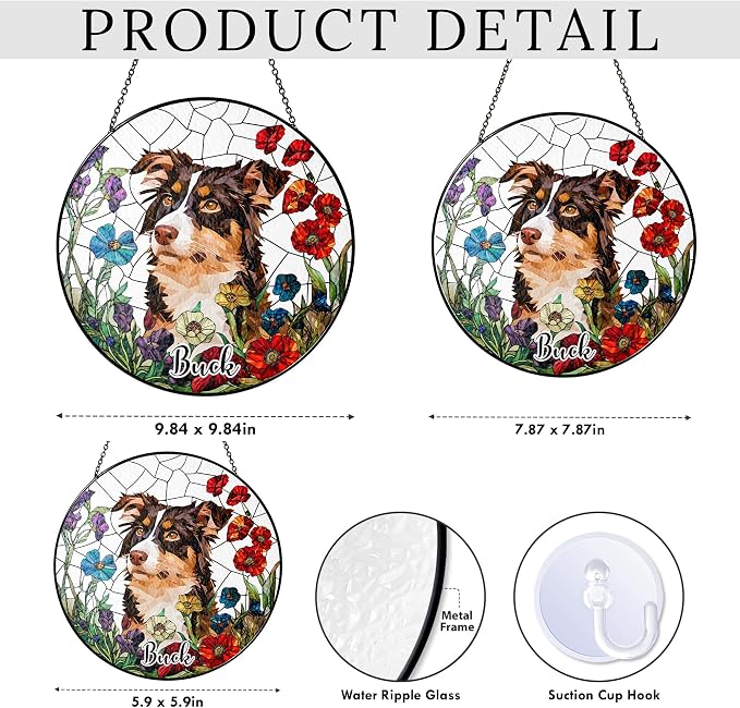 Personalized Stained Glass Pet Photo Suncatcher – Custom Pet Portrait Memorial Window Hanging with Flowers, Keepsake Valentines Gift for Dog Lovers, Cat Lovers, Family Home Decor