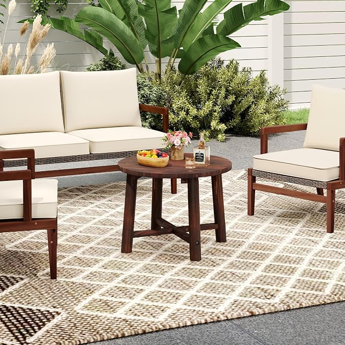 Tangkula Outdoor Side Table, Patio End Table with Solid Wood Structure, Small Round Coffee Table for Garden, Deck, Poolside & Indoors (2, Brown)