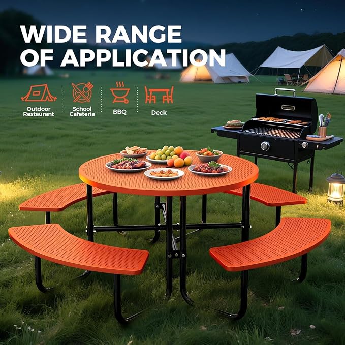 46" Coated Round Metal Picnic Table for 4-8 Person, Durable Heavy Duty Commercial Picnic Table with Umbrella Hole for Outdoor Coffee Shop, School, Easy to Install, Orange