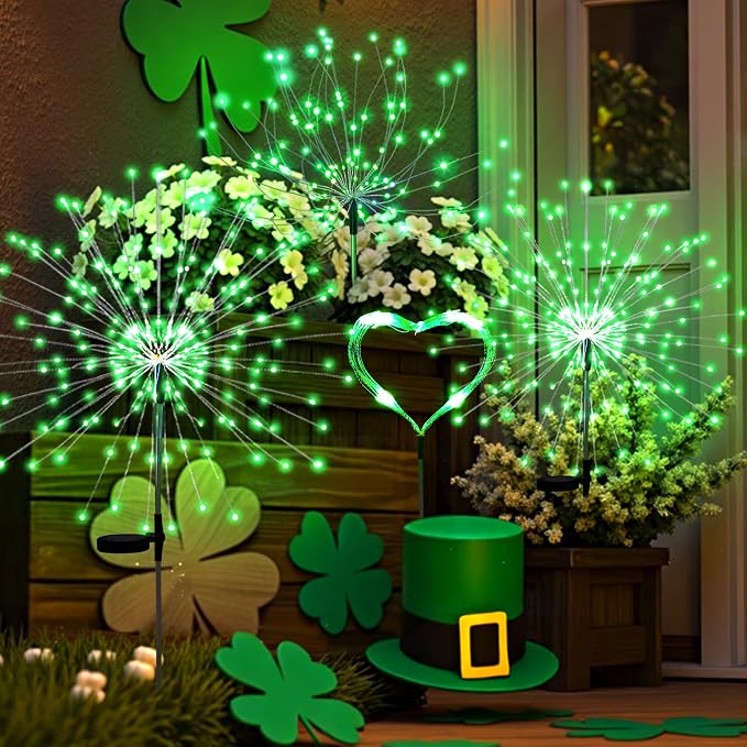 PEVOROS Solar Firework Fairy Garden Lights Outdoor, Green, 4 Pack | 120 LEDs, Waterproof, Fairy Garden Decor, Auto On/Off, Solar Powered, for Yard, Patio, Porch, Flower Pot, Pathway