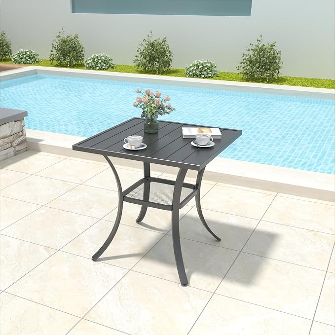 Anmutig 3-Piece Outdoor Dining Set, Small Metal Bistro Table with 2 Stackable Sling Chairs, 27.5 x 27.5 Inch Square Table, White Fabric
